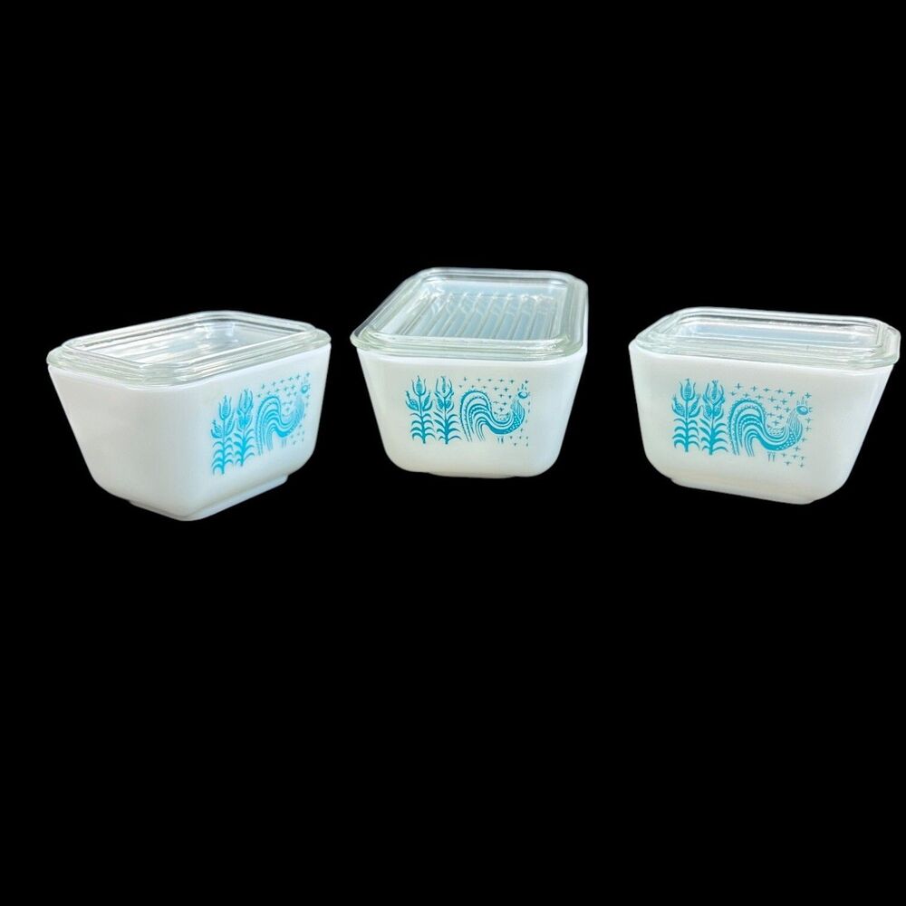 Vintage Pyrex Amish Butterprint Blue Turquoise Refrigerator Dish Set Rooster